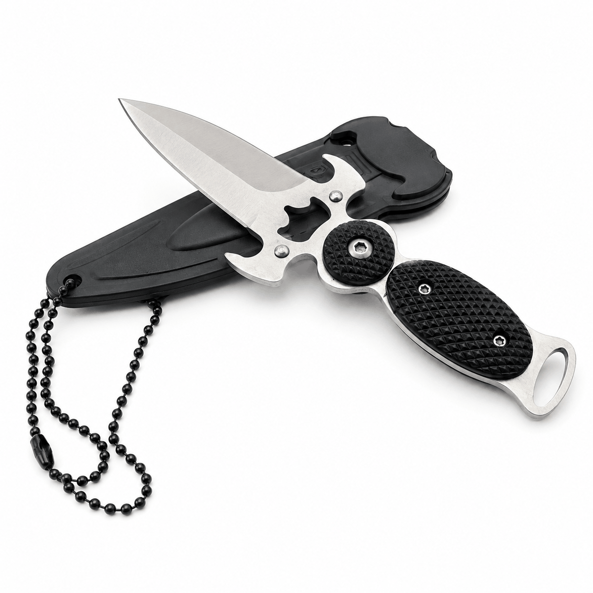 Компактен нож Black AirSoft DAGGER с калъф и верижка